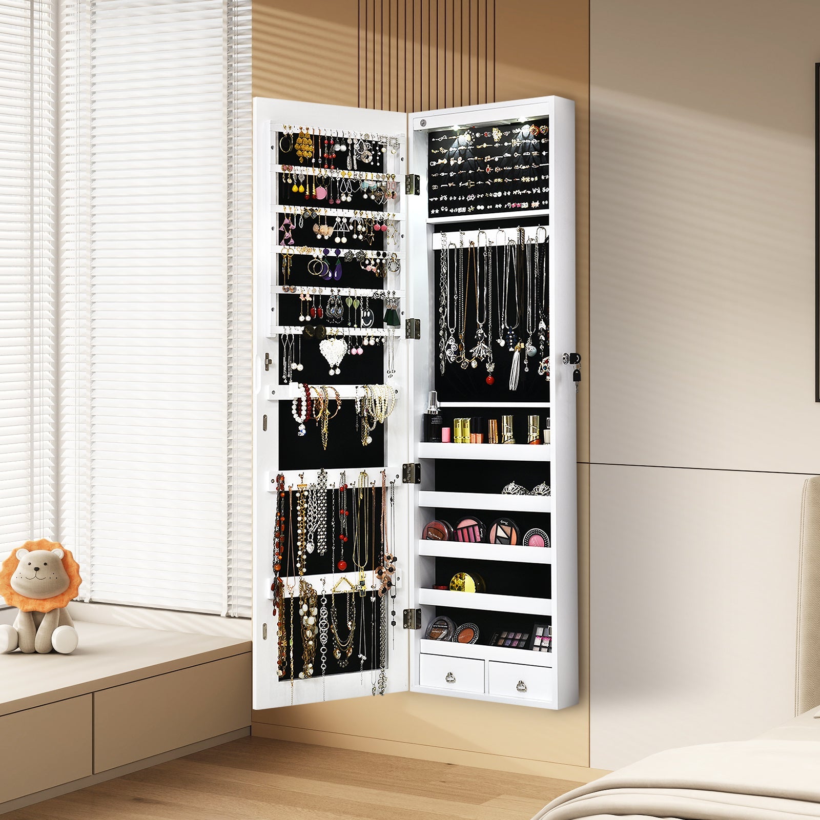 Wall and Door Mounted Mirrored Jewelry Cabinet with Lights-White