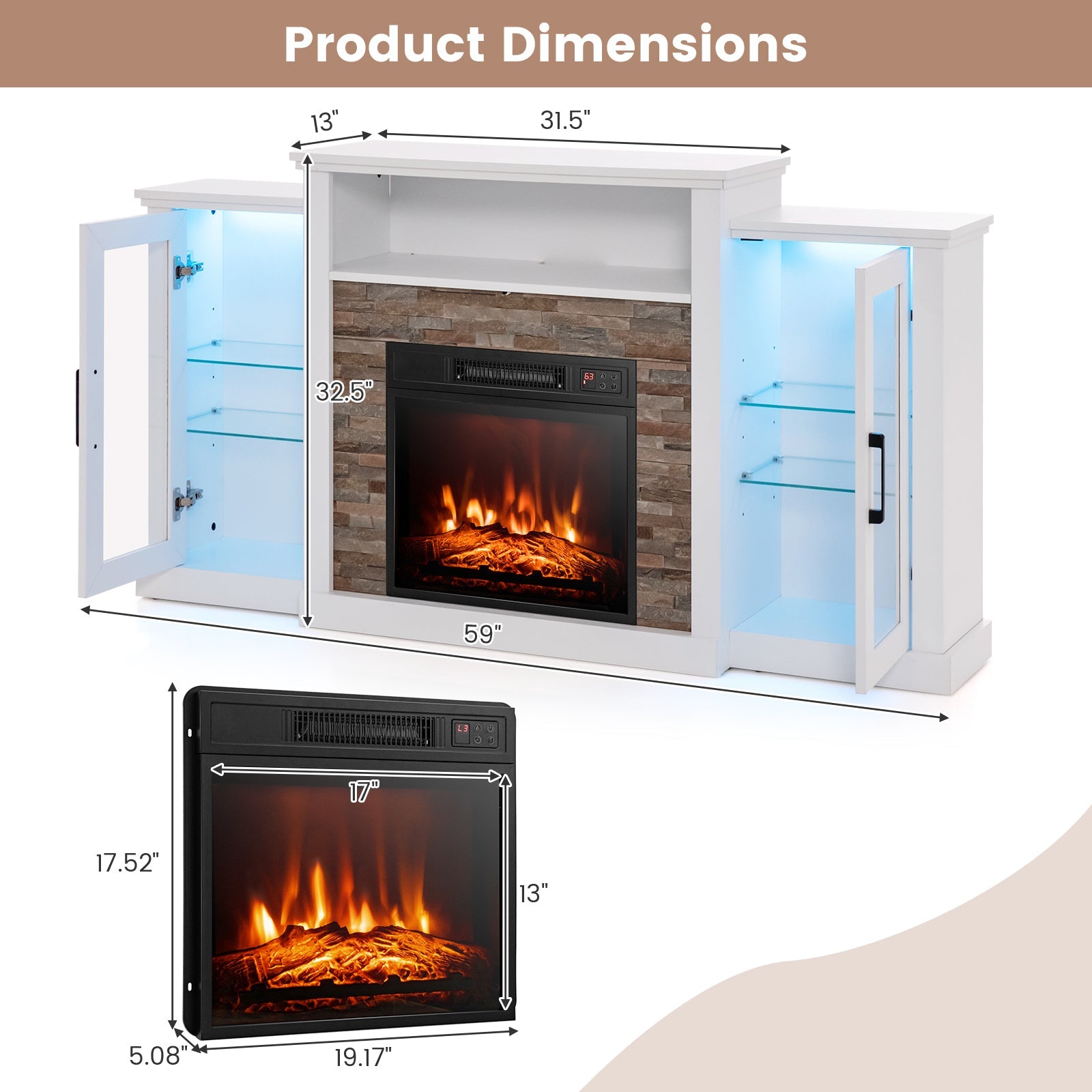 Fireplace TV Stand with 16-Color Led Lights for TVs up to 65 Inch-White
