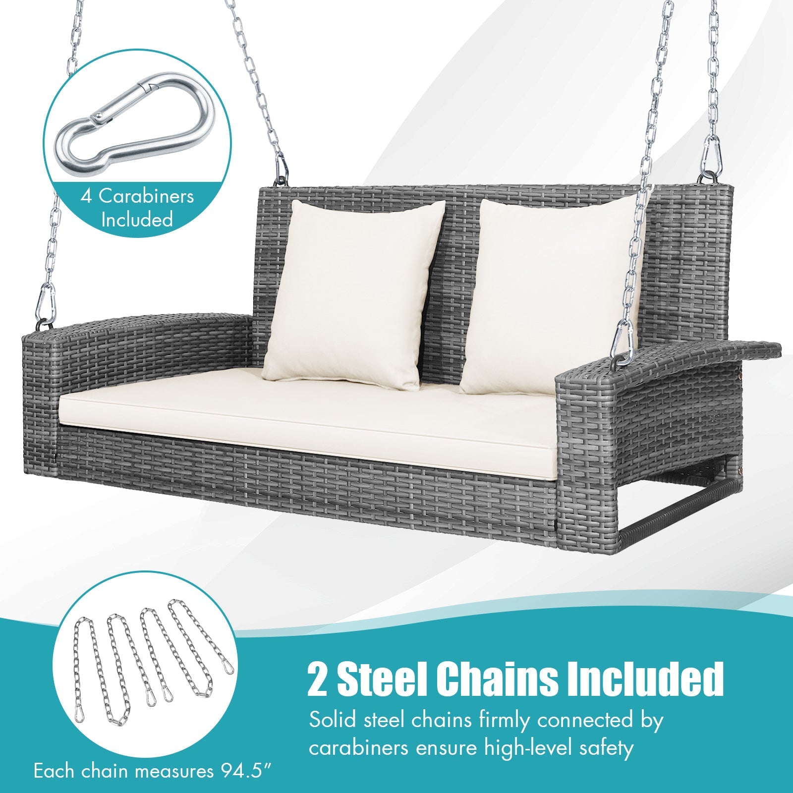 2-Person Patio PE Wicker Hanging Porch Swing Bench Chair Cushion 800 Pounds-White