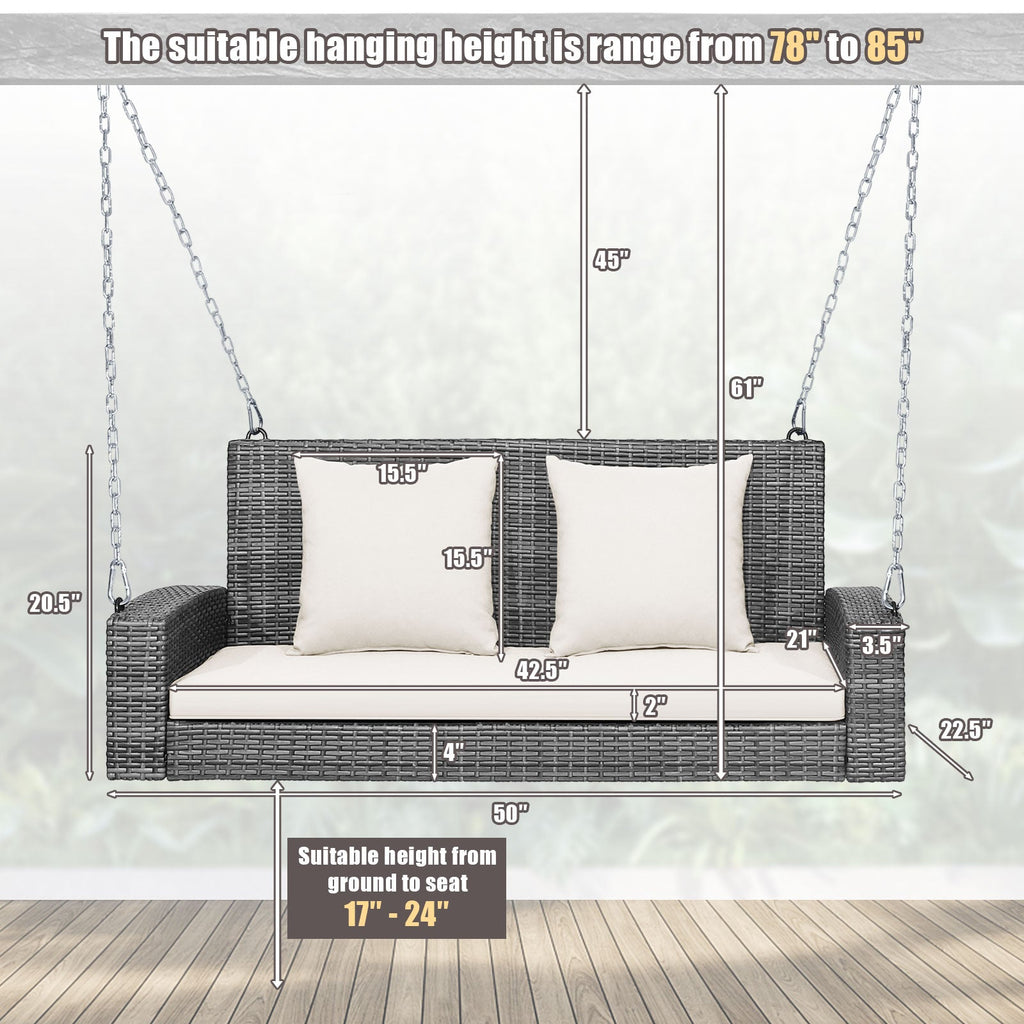 2-Person Patio PE Wicker Hanging Porch Swing Bench Chair Cushion 800 Pounds-White