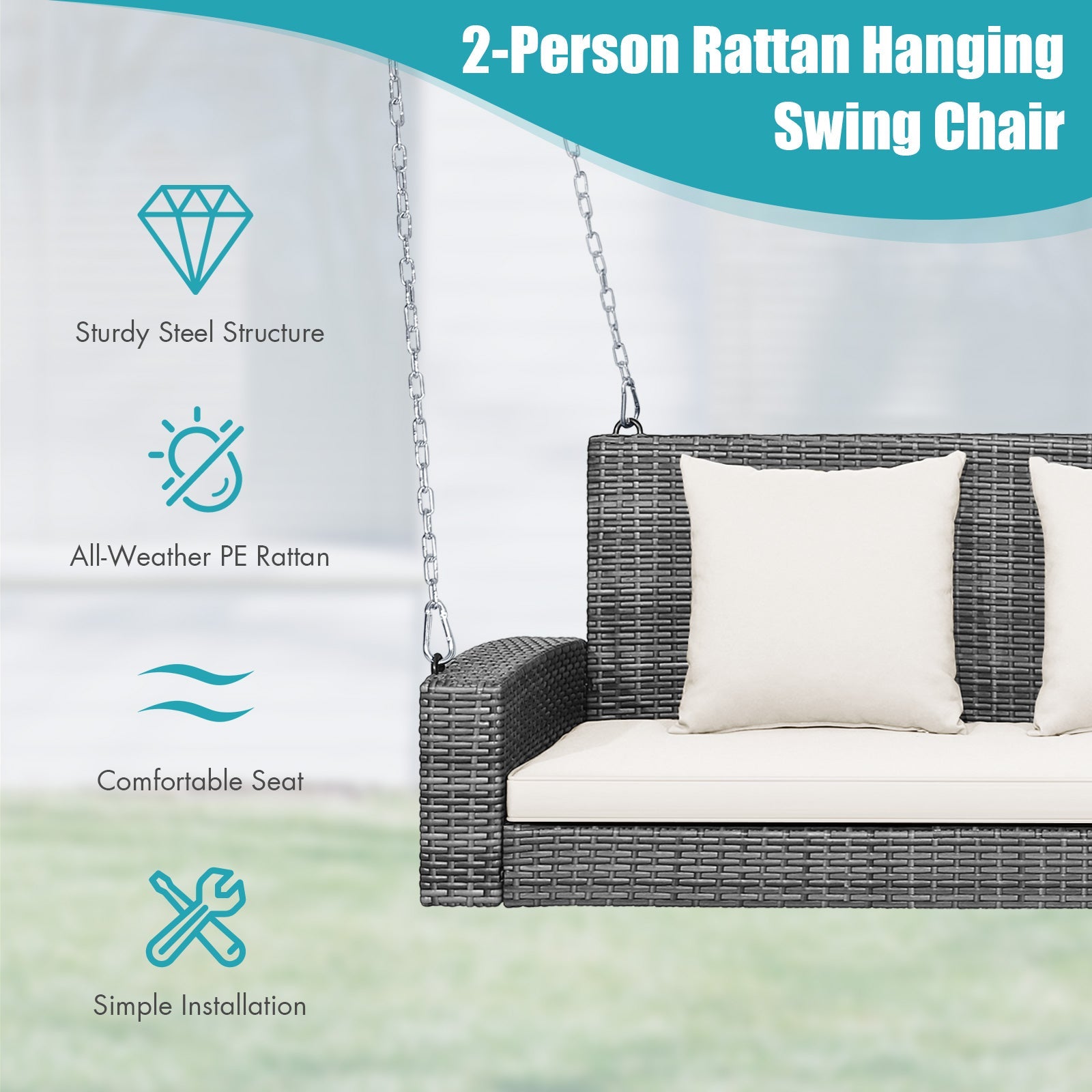 2-Person Patio PE Wicker Hanging Porch Swing Bench Chair Cushion 800 Pounds-White