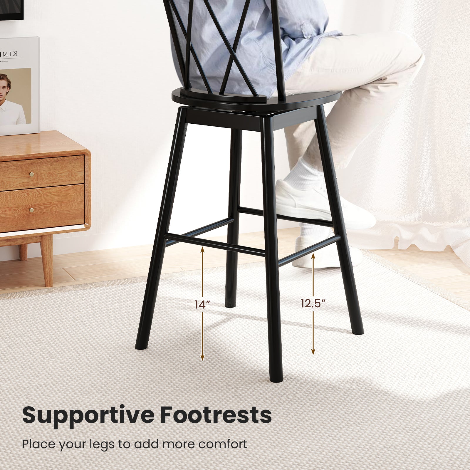 Set of 2 Windsor Bar Stool with Ergonomic Backrest and Footrests-29 inches