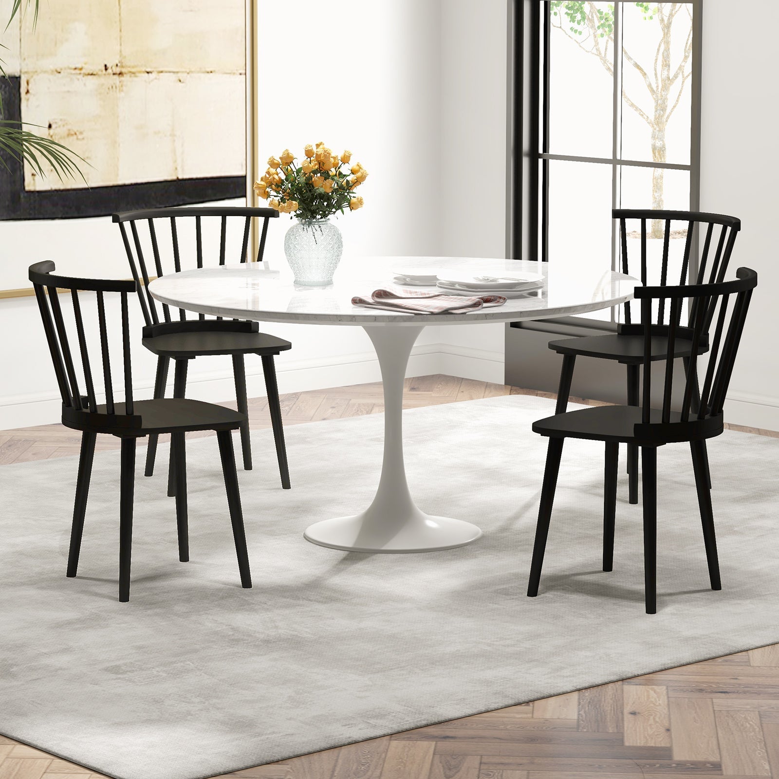 Windsor Dining Chairs Set of 2 Rubber Wood Kitchen Chairs with Spindle Back-Black