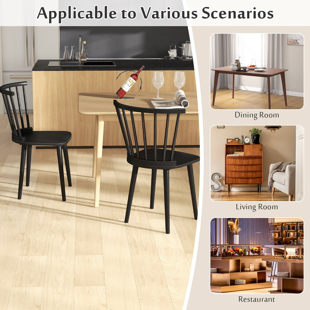 Windsor Dining Chairs Set of 2 Rubber Wood Kitchen Chairs with Spindle Back-Black