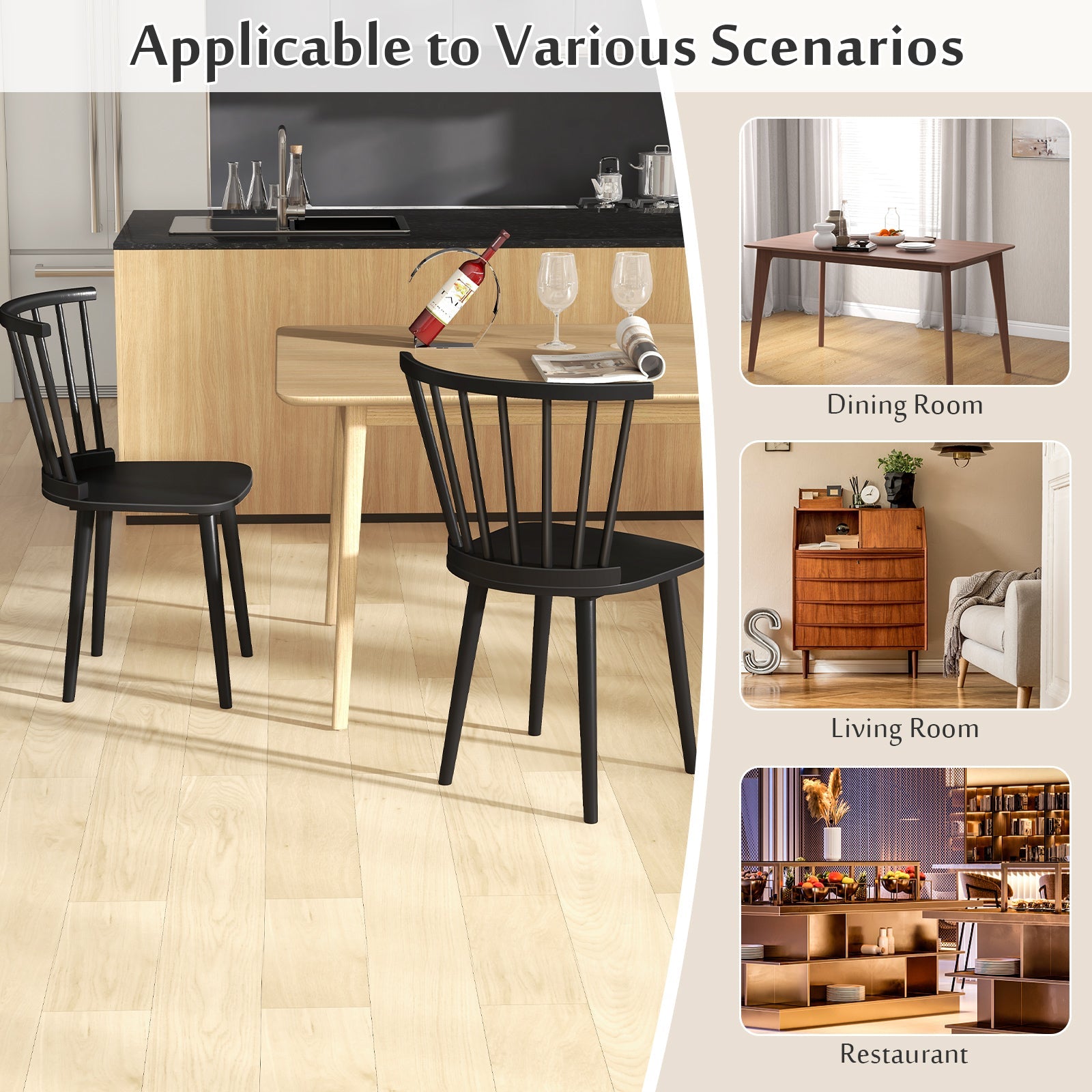 Windsor Dining Chairs Set of 2 Rubber Wood Kitchen Chairs with Spindle Back-Black