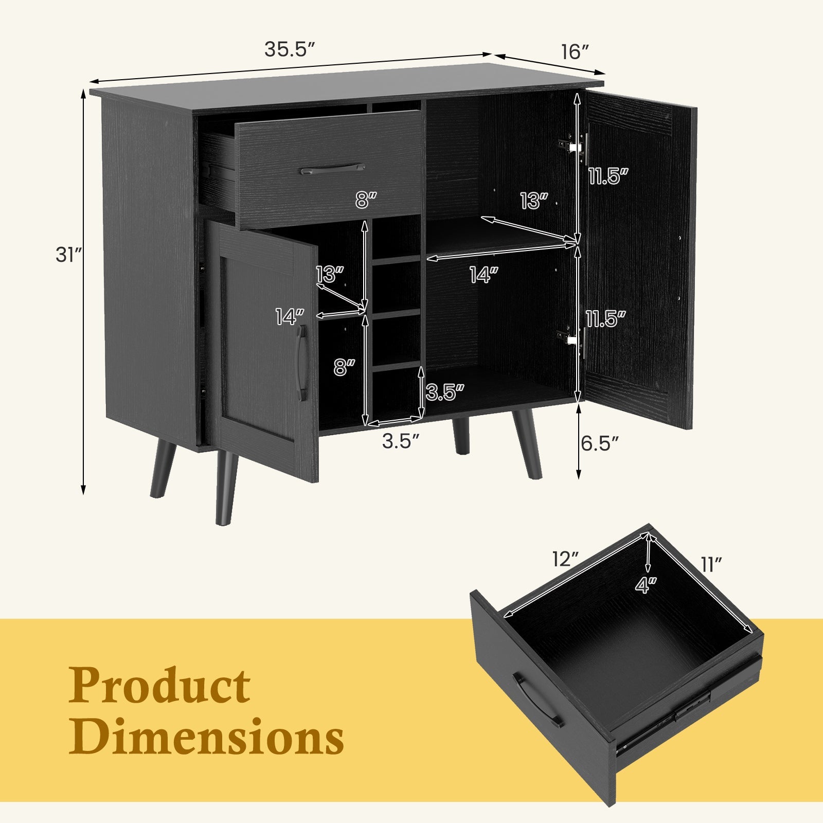 Modern Wine Bar Buffet Cabinet with 6-Bottle Wine Rack-Black