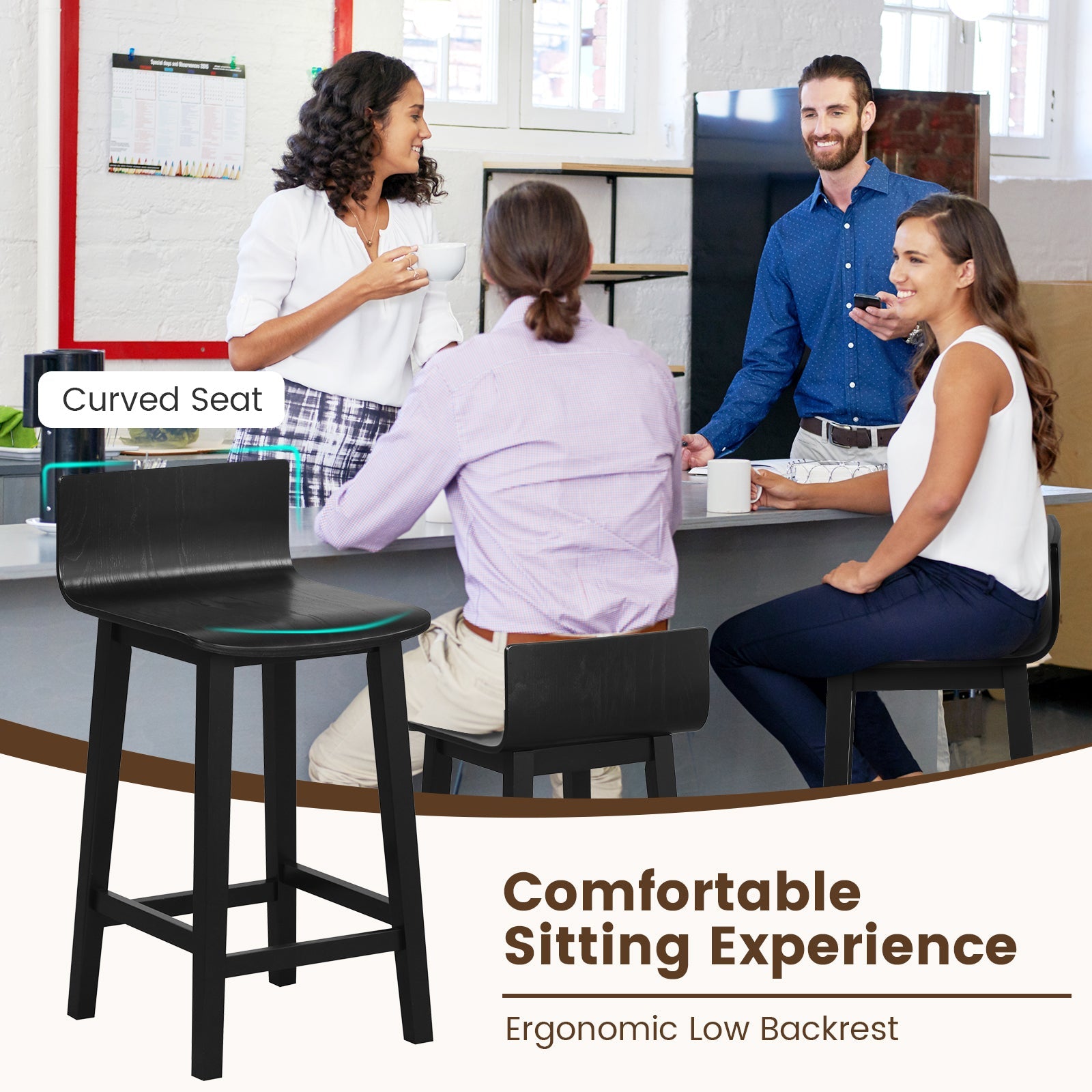 Wood Bar Stools Set of 2 with Solid Back and Seat-Black