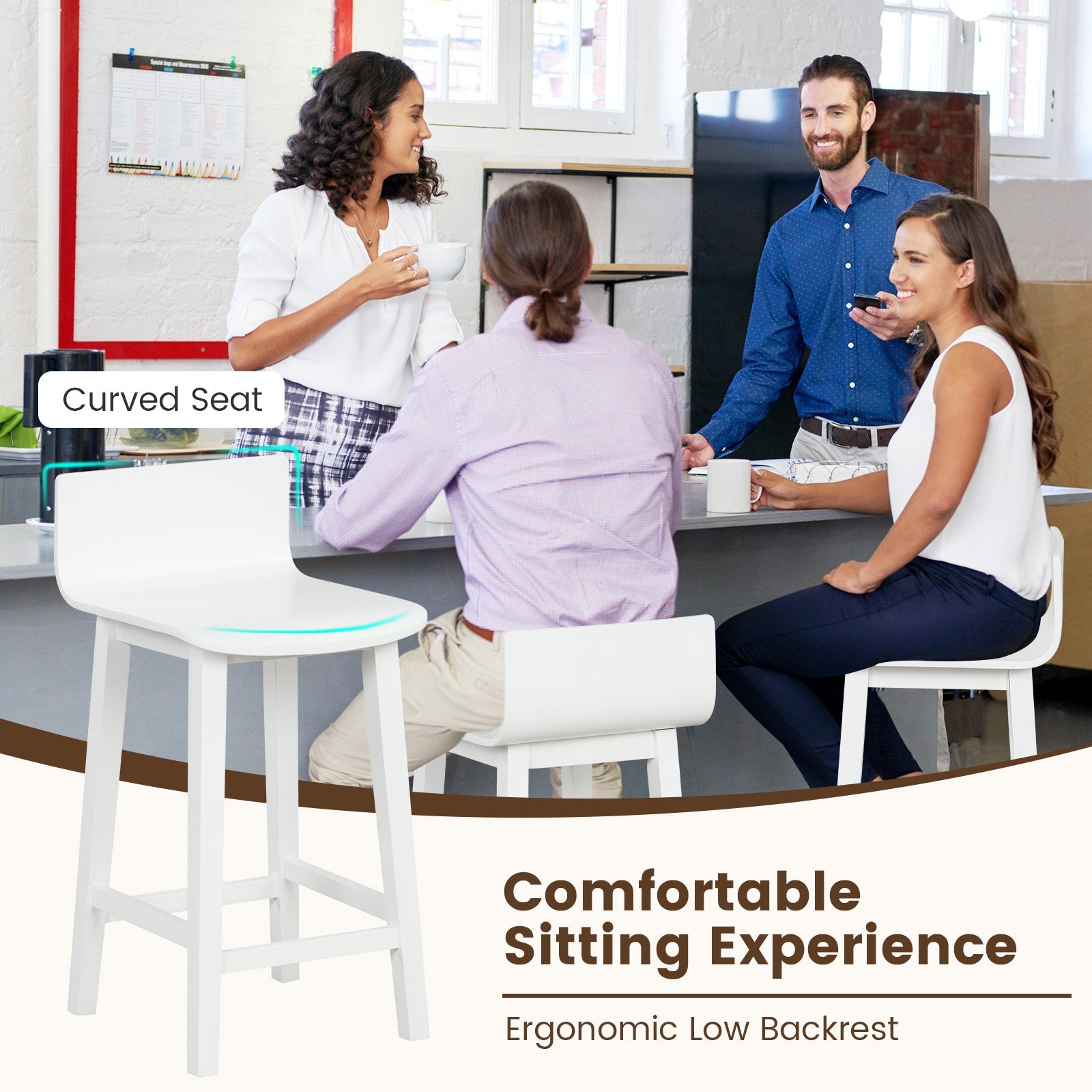 Wood Bar Stools Set of 2 with Solid Back and Seat-White
