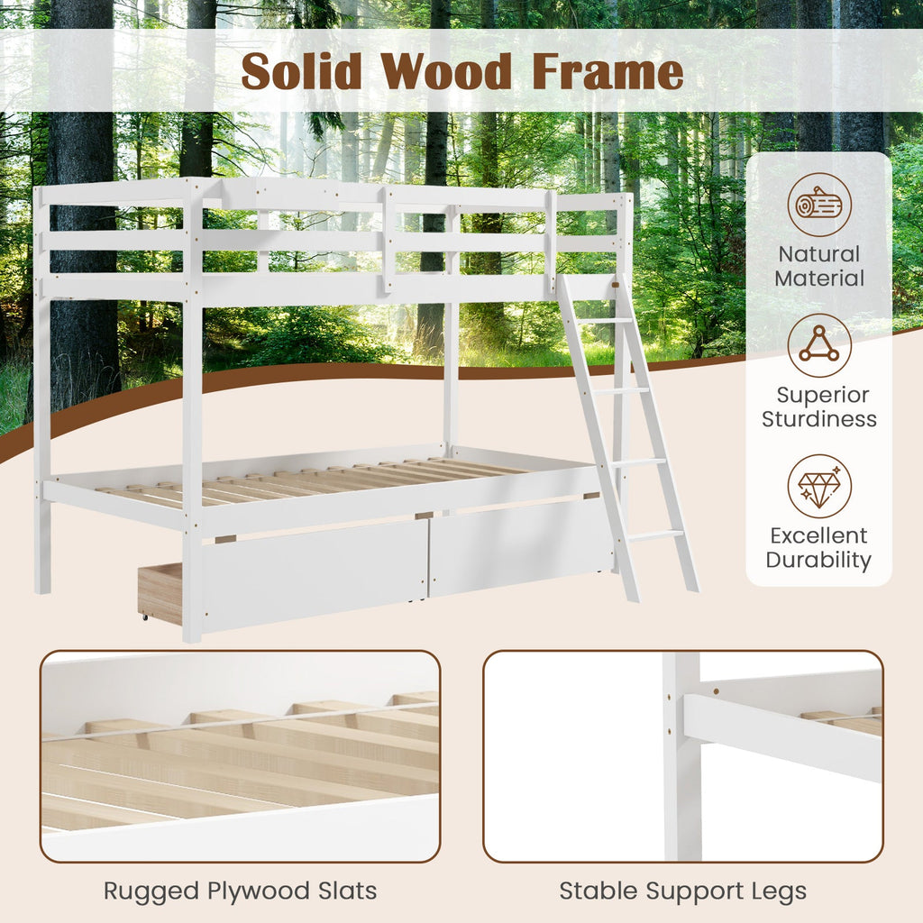 Twin Over Twin Bunk Bed Wood Bed Frame with 2 Storage Drawers and Ladder-White