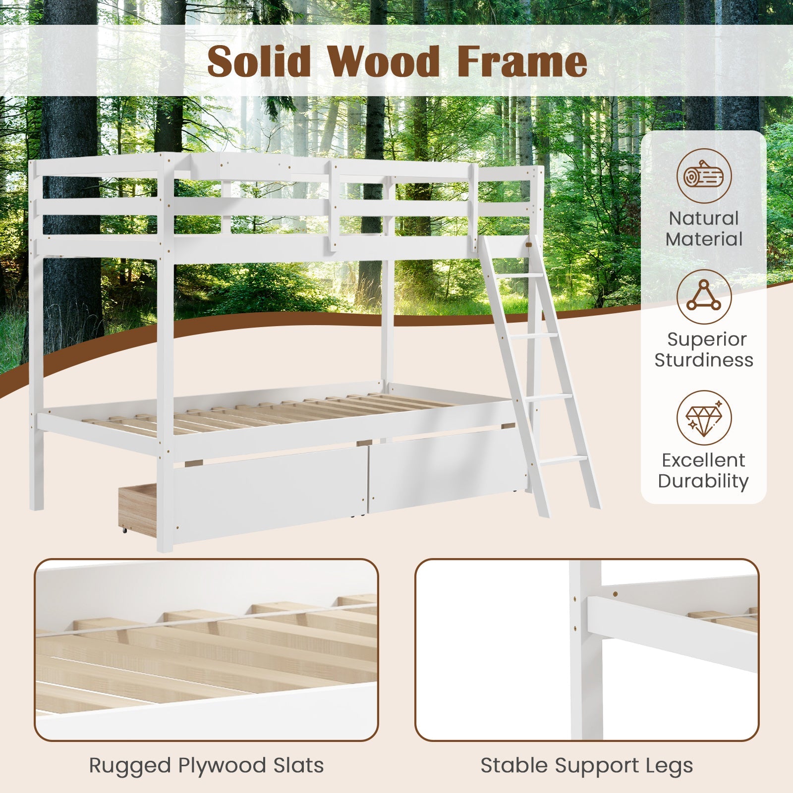 Twin Over Twin Bunk Bed Wood Bed Frame with 2 Storage Drawers and Ladder-White