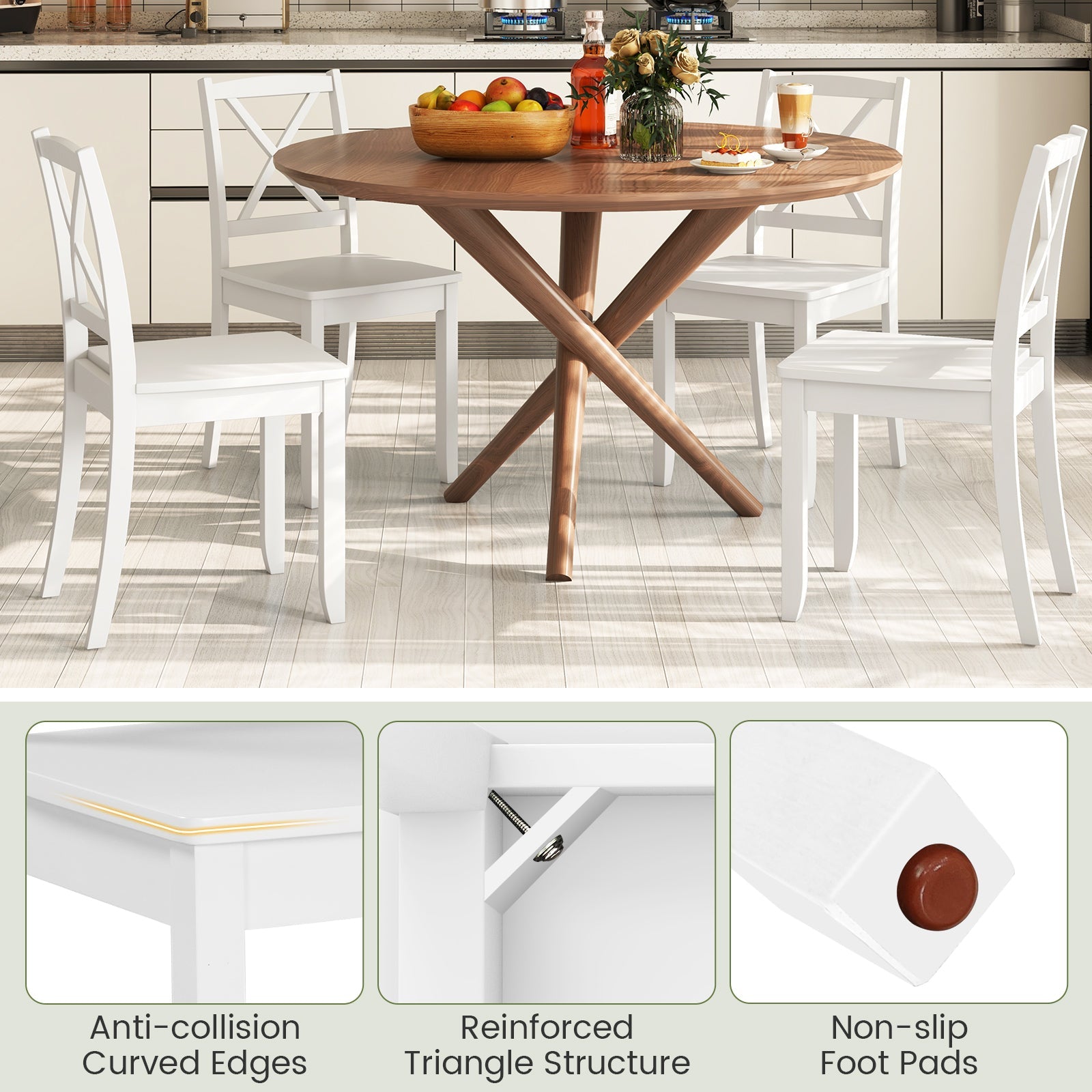 Wood Dining Chair Set of 2 with Rubber Wood Legs and Curved Backrest-White