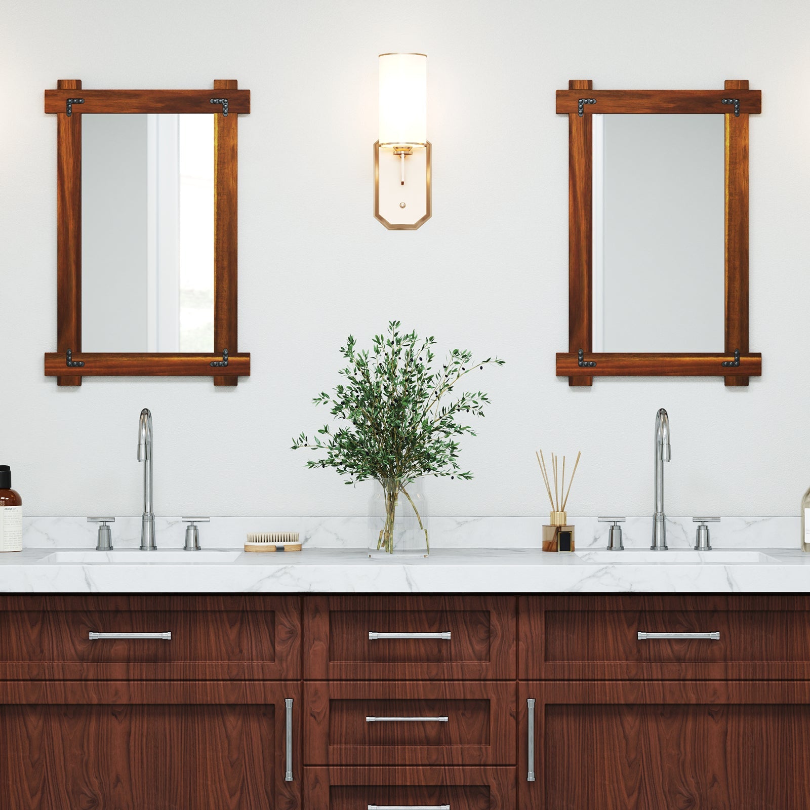 Wood Framed Mirror with Acacia Wood Frame and Vintage Rivet Design Brown-S