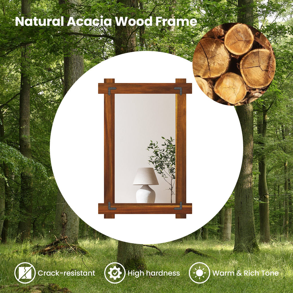 Wood Framed Mirror with Acacia Wood Frame and Vintage Rivet Design Brown-S