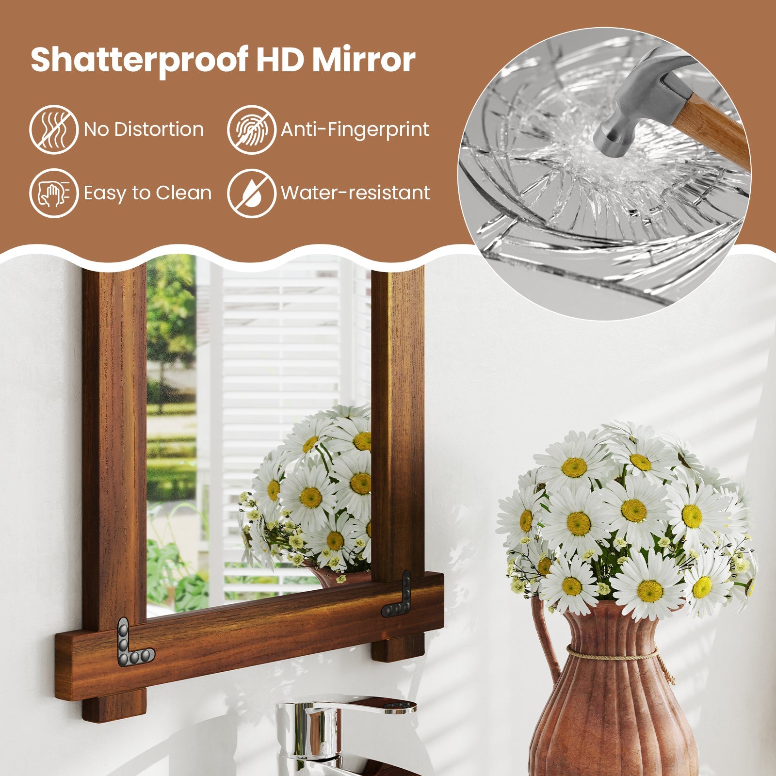 Wood Framed Mirror with Acacia Wood Frame and Vintage Rivet Design Brown-S
