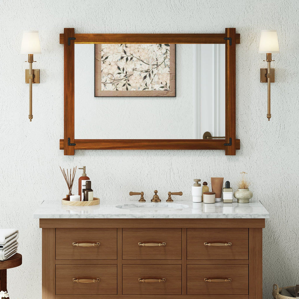 Wood Framed Mirror with Acacia Wood Frame and Vintage Rivet Design Brown-L