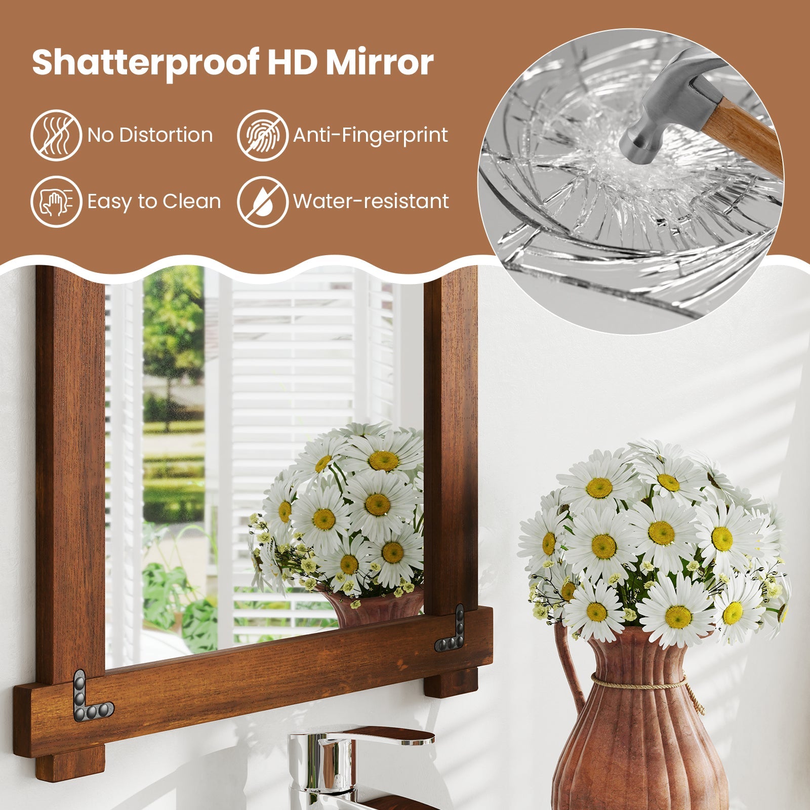 Wood Framed Mirror with Acacia Wood Frame and Vintage Rivet Design Brown-L