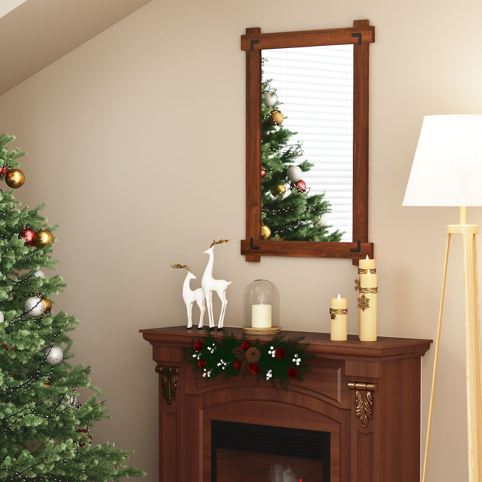 Wood Framed Mirror with Acacia Wood Frame and Vintage Rivet Design Brown-M