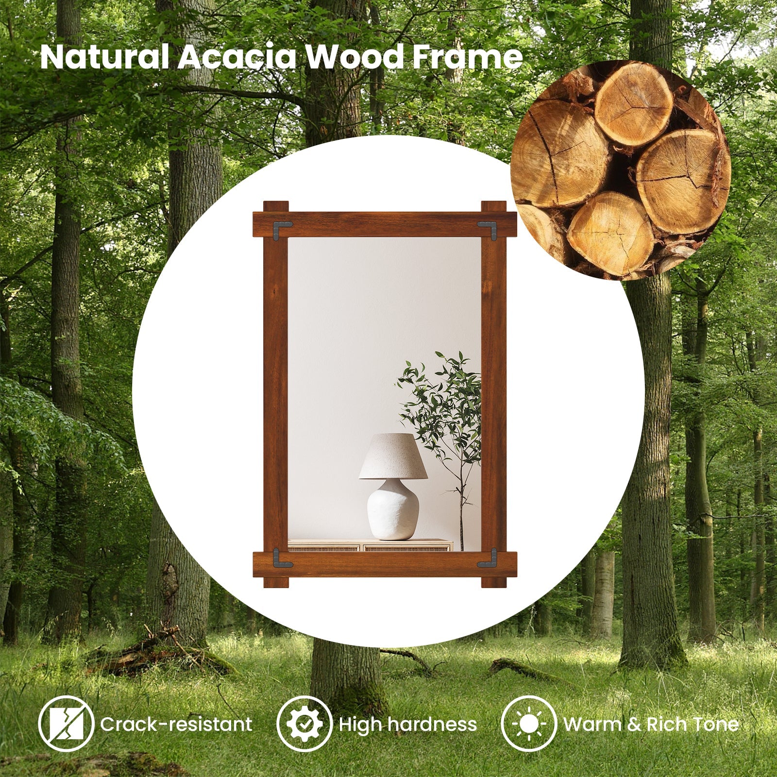 Wood Framed Mirror with Acacia Wood Frame and Vintage Rivet Design Brown-M