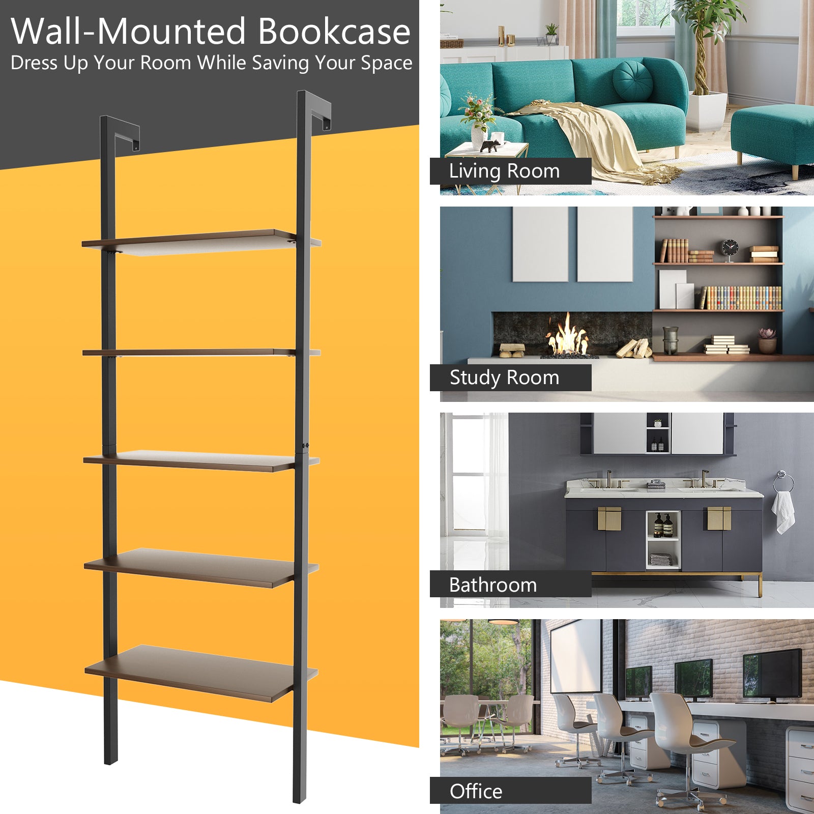 5-Tier Wood Look Ladder Shelf with Metal Frame for Home-Black