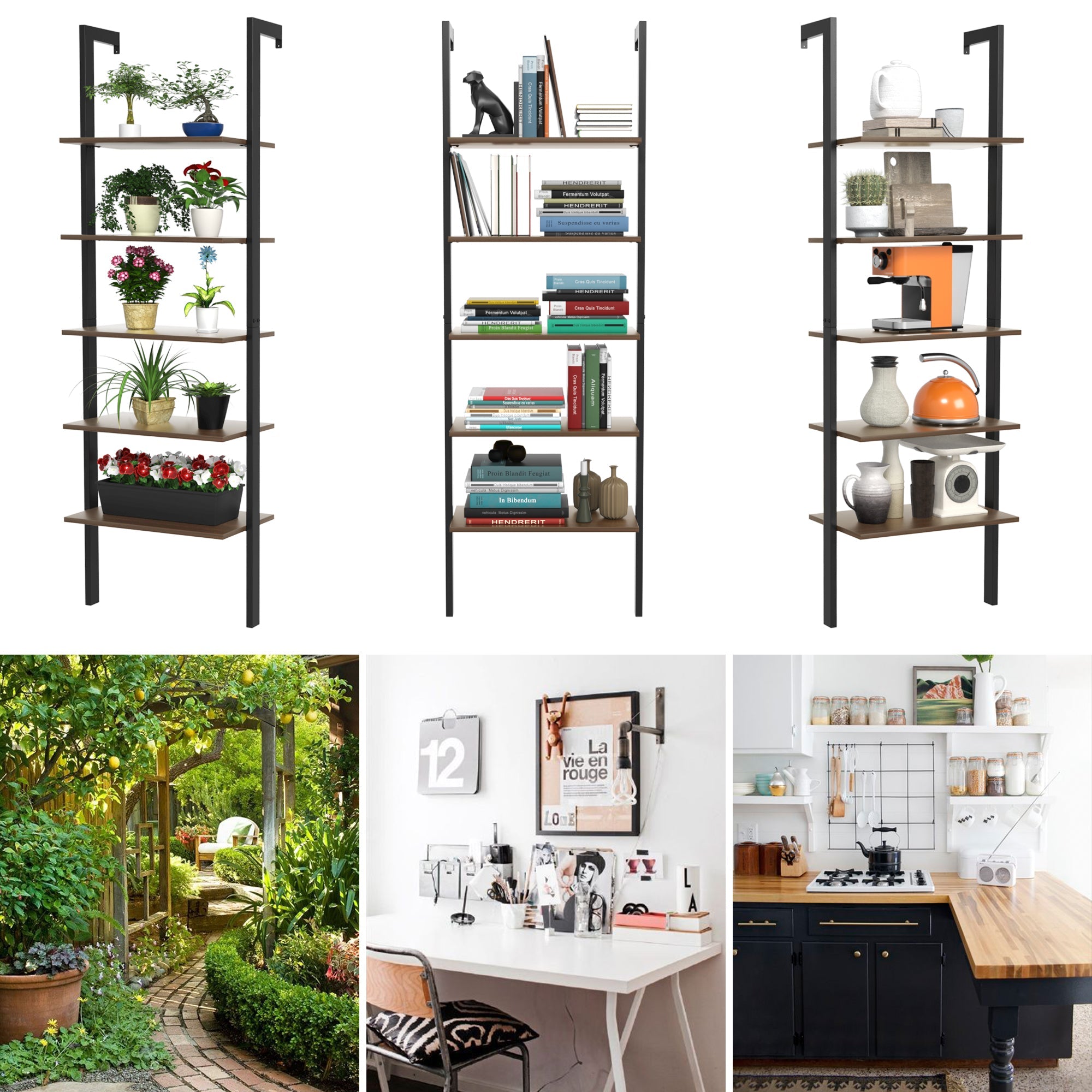 5-Tier Wood Look Ladder Shelf with Metal Frame for Home-Black