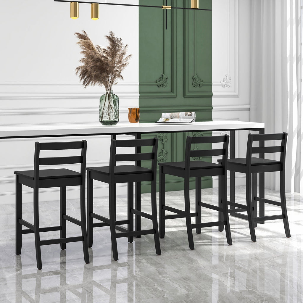 Wooden Bar Stools Set of 2 with Ergonomic Backrest and Footrest-Black