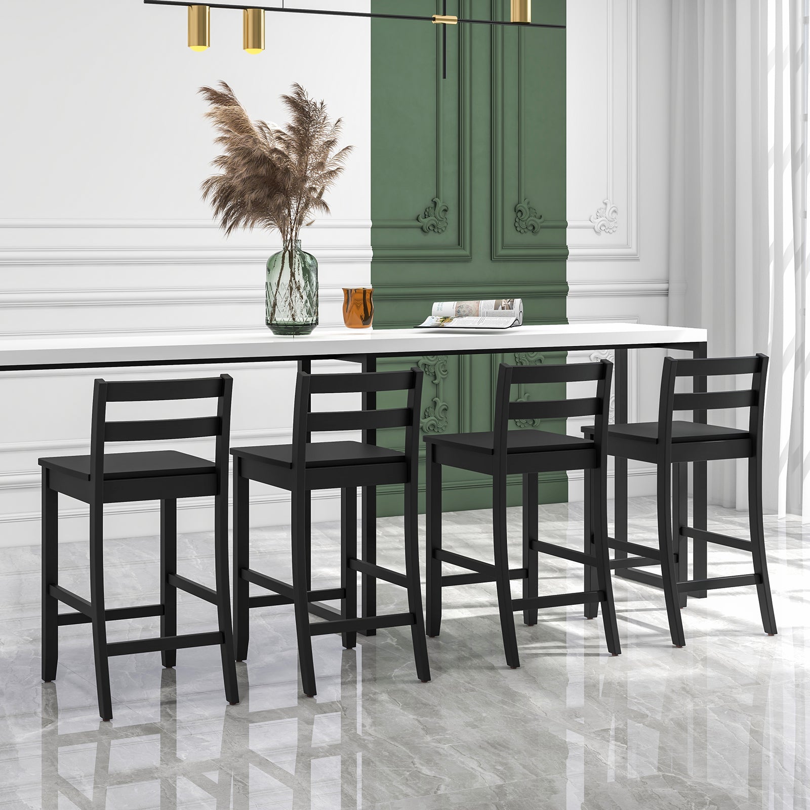 Wooden Bar Stools Set of 2 with Ergonomic Backrest and Footrest-Black