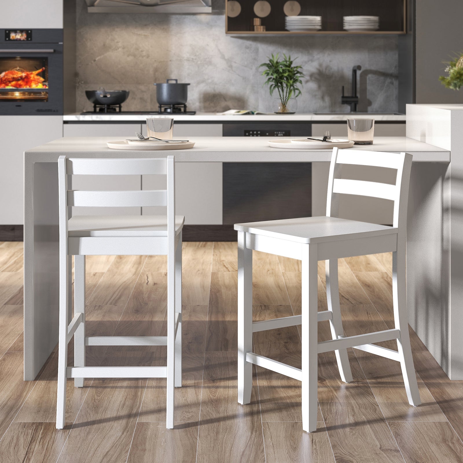 Wooden Bar Stools Set of 2 with Ergonomic Backrest and Footrest-White