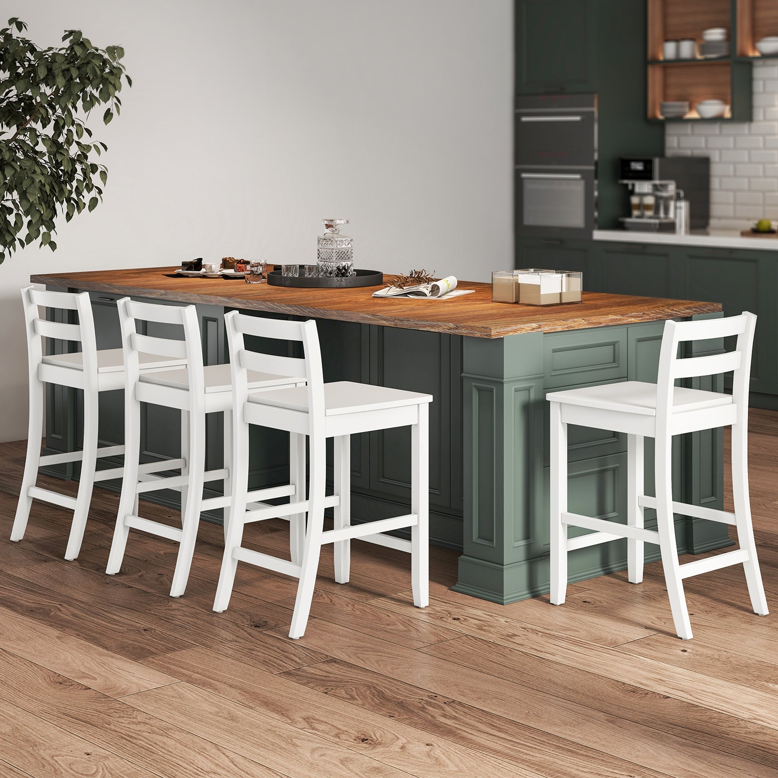 Wooden Bar Stools Set of 2 with Ergonomic Backrest and Footrest-White