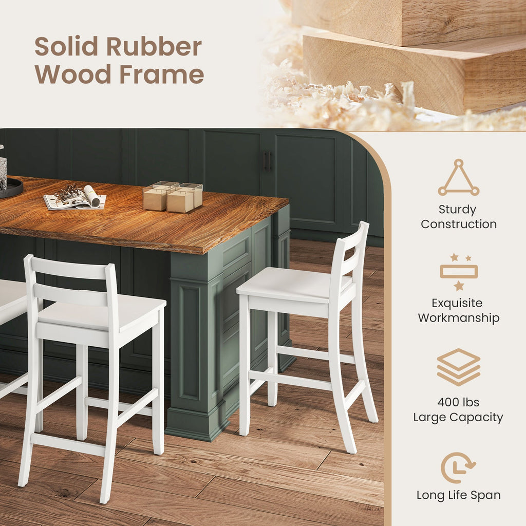 Wooden Bar Stools Set of 2 with Ergonomic Backrest and Footrest-White