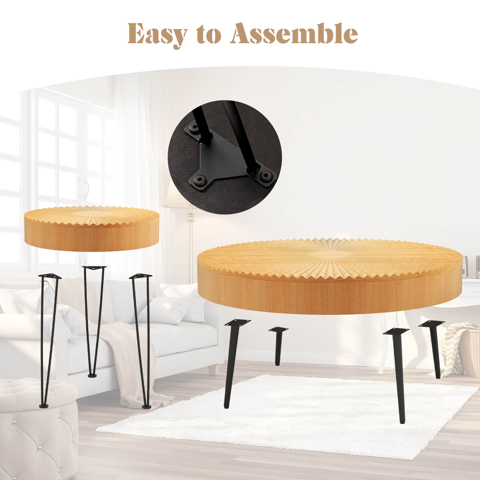 2 Set of Wooden Coffee Table with Metal Legs and Adjustable Foot Pads-Radial Pattern