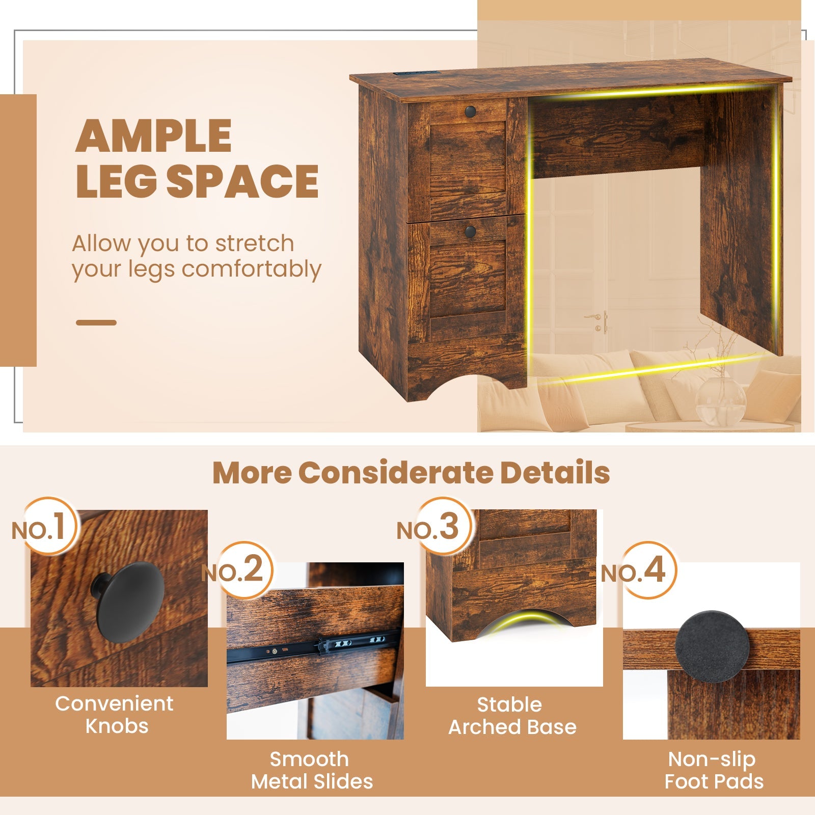 Wooden Computer Desk Workstation with 3 Drawers for Home and Office-Rustic Brown