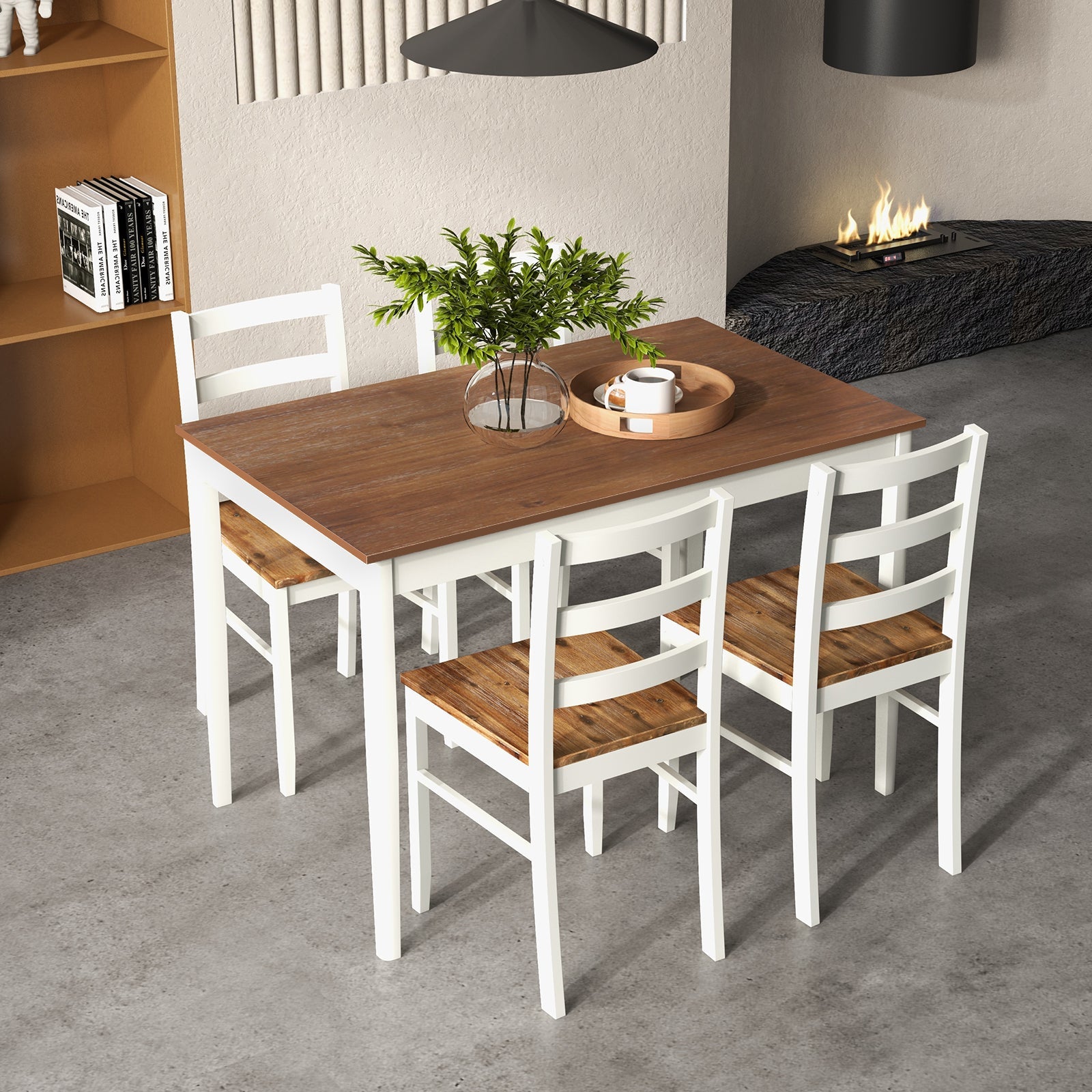 5-Piece Wooden Dining Set with Rectangular Table and 4 Chairs-Coffee