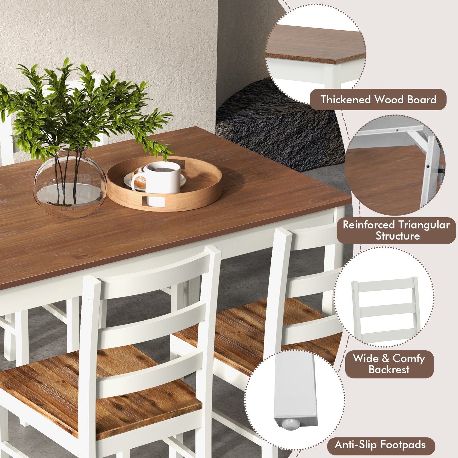 5-Piece Wooden Dining Set with Rectangular Table and 4 Chairs-Coffee