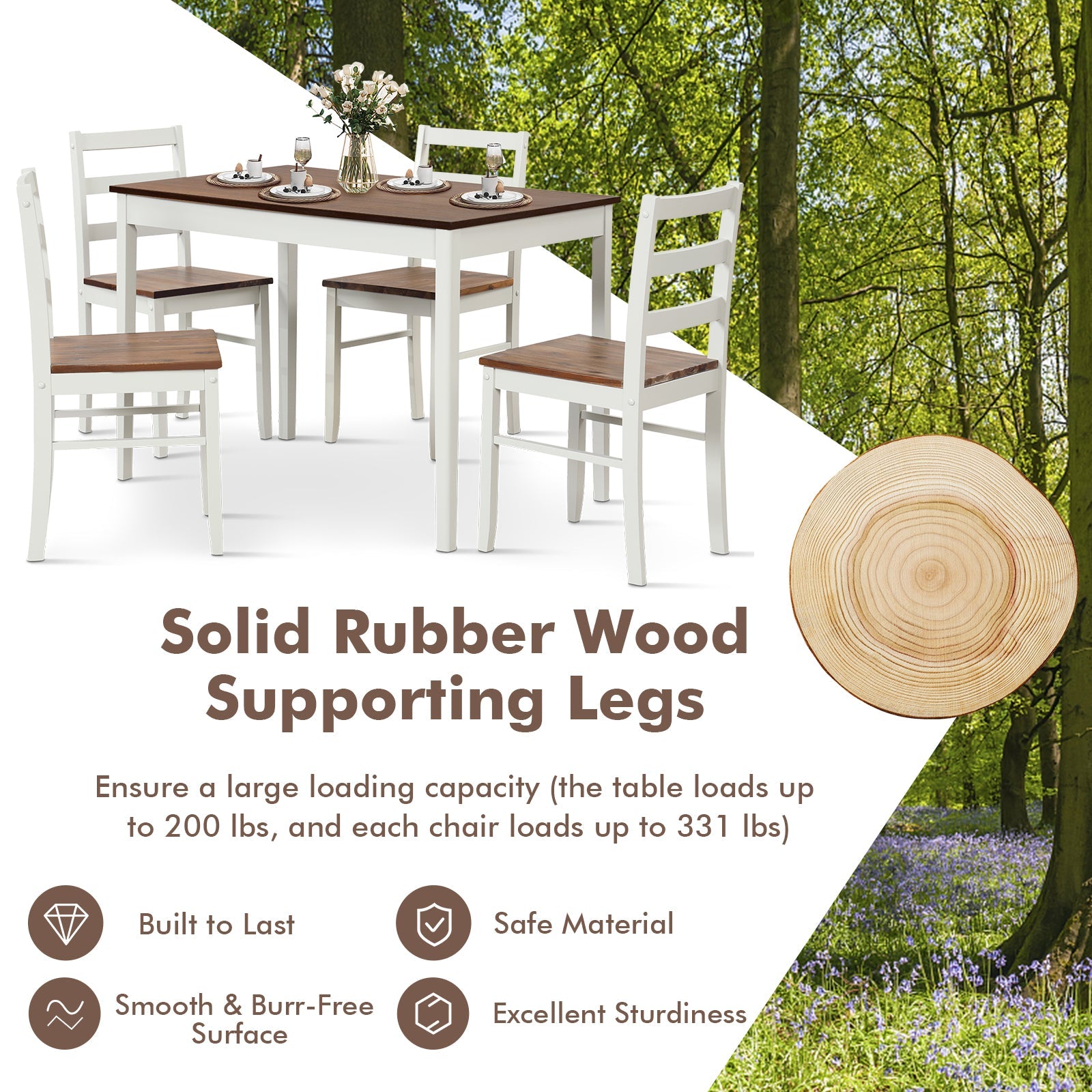 5-Piece Wooden Dining Set with Rectangular Table and 4 Chairs-Coffee