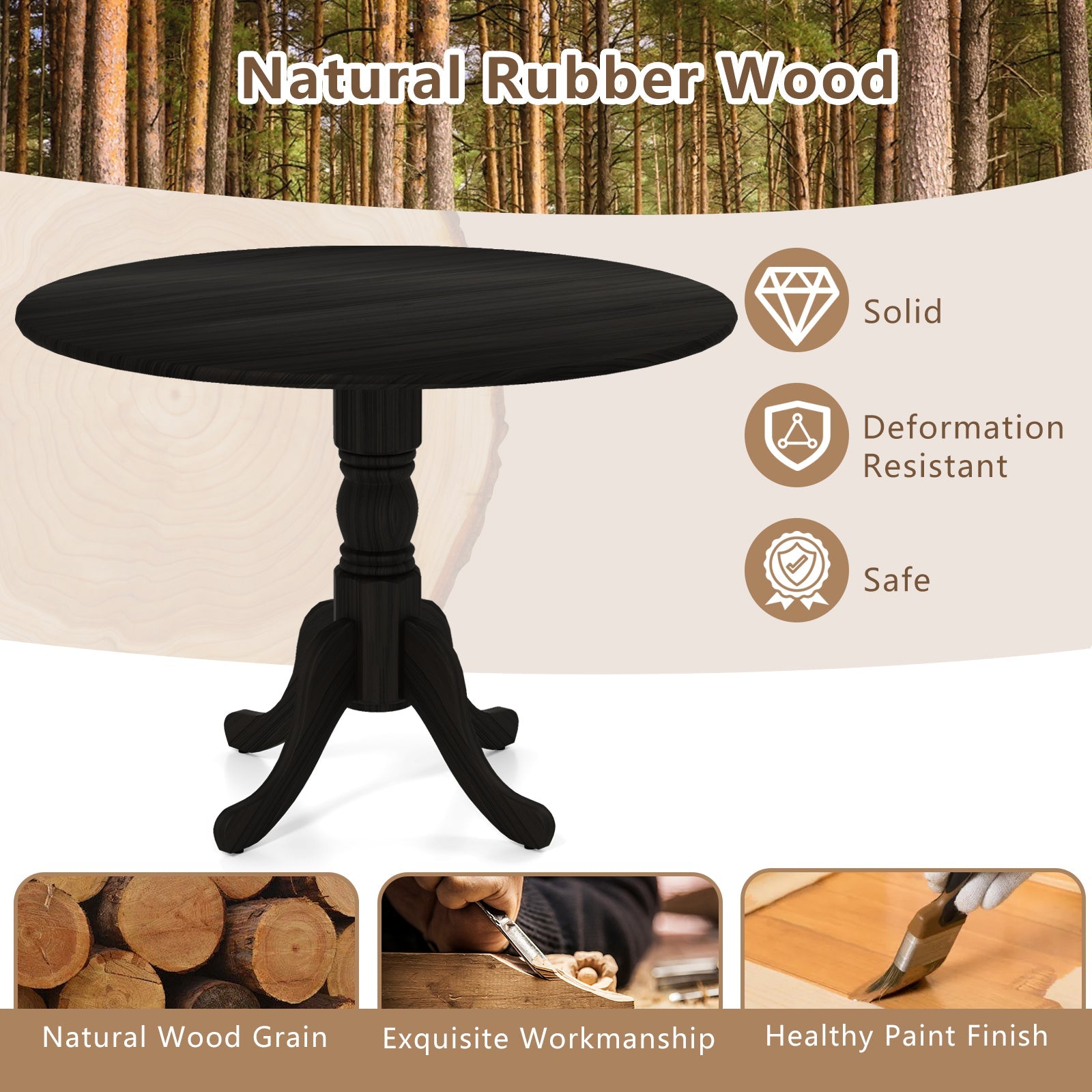 Wooden Dining Table with Round Tabletop and Curved Trestle Legs-Black