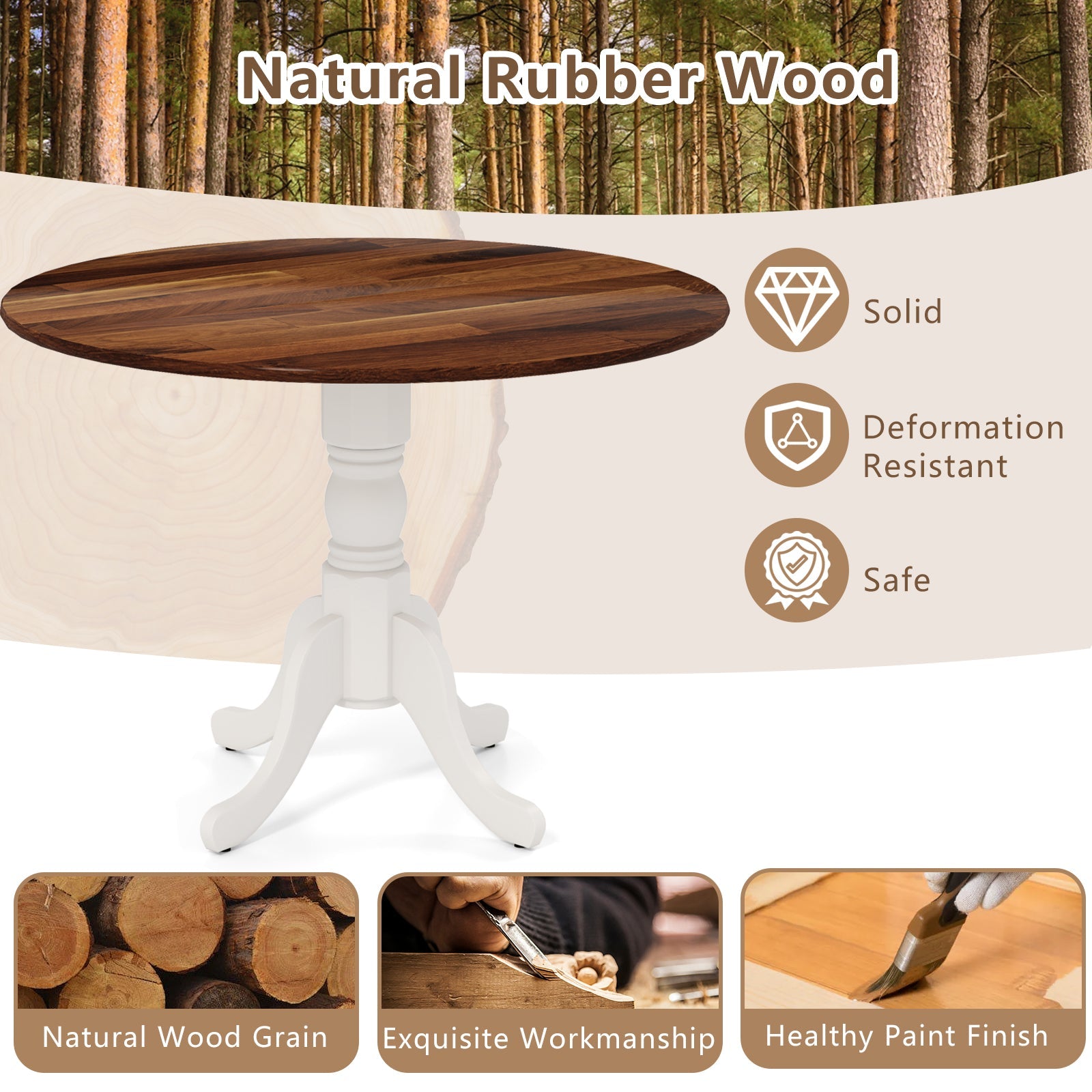 Wooden Dining Table with Round Tabletop and Curved Trestle Legs-Walnut & White