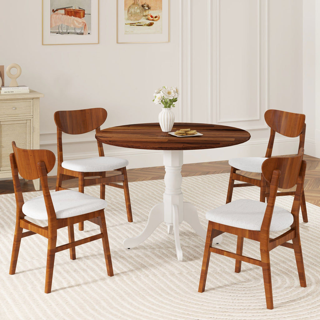 Wooden Dining Table with Round Tabletop and Curved Trestle Legs-Walnut & White