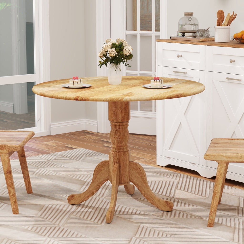 Wooden Dining Table with Round Tabletop and Curved Trestle Legs-Natural
