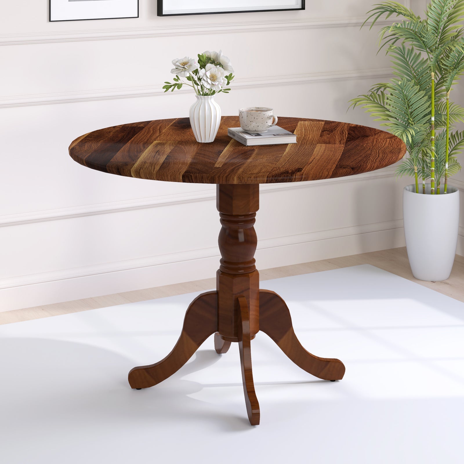 Wooden Dining Table with Round Tabletop and Curved Trestle Legs-Walnut