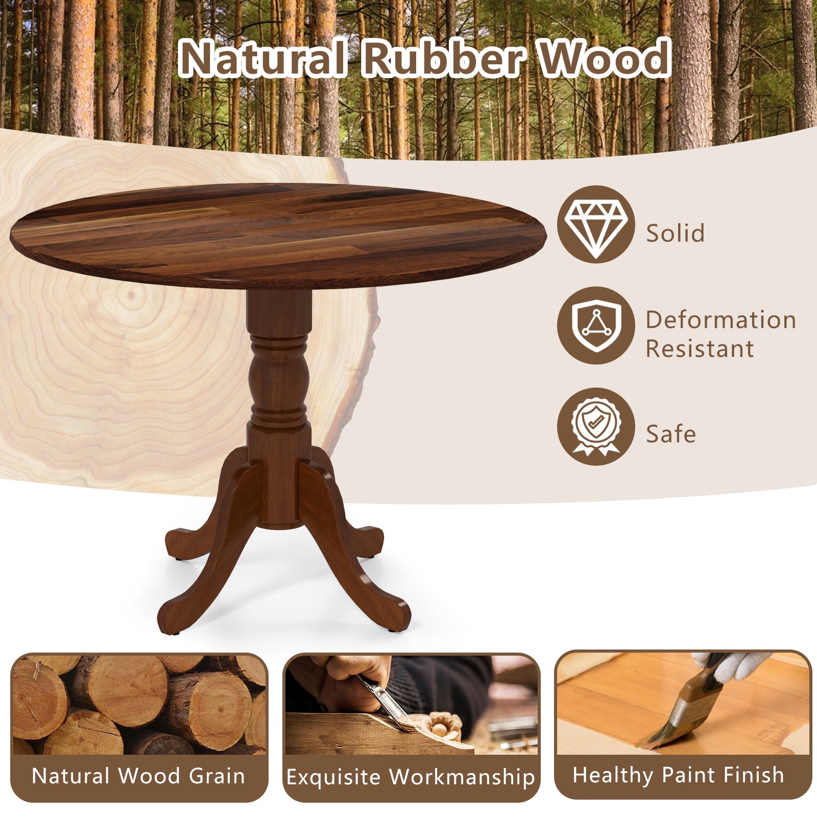 Wooden Dining Table with Round Tabletop and Curved Trestle Legs-Walnut