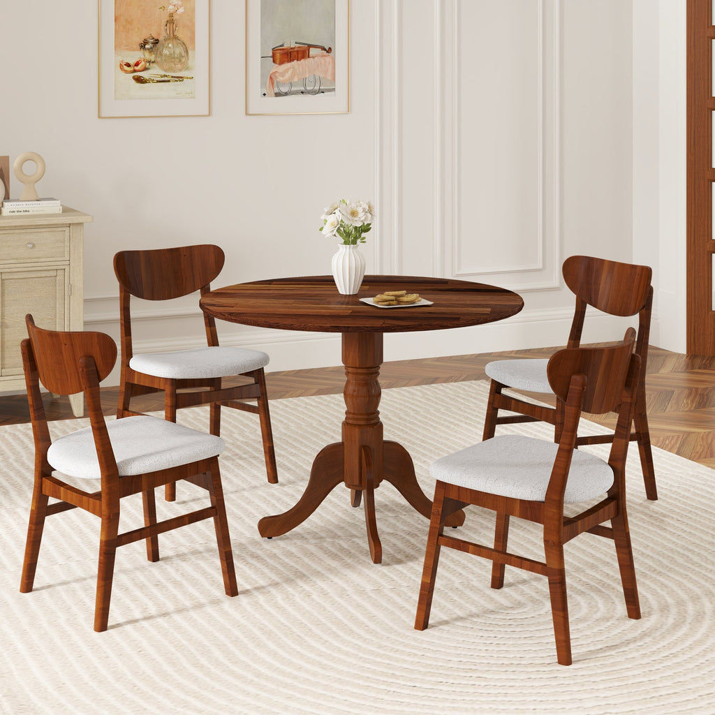 Wooden Dining Table with Round Tabletop and Curved Trestle Legs-Walnut