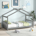 Twin Size Wooden House Bed with Roof-Gray
