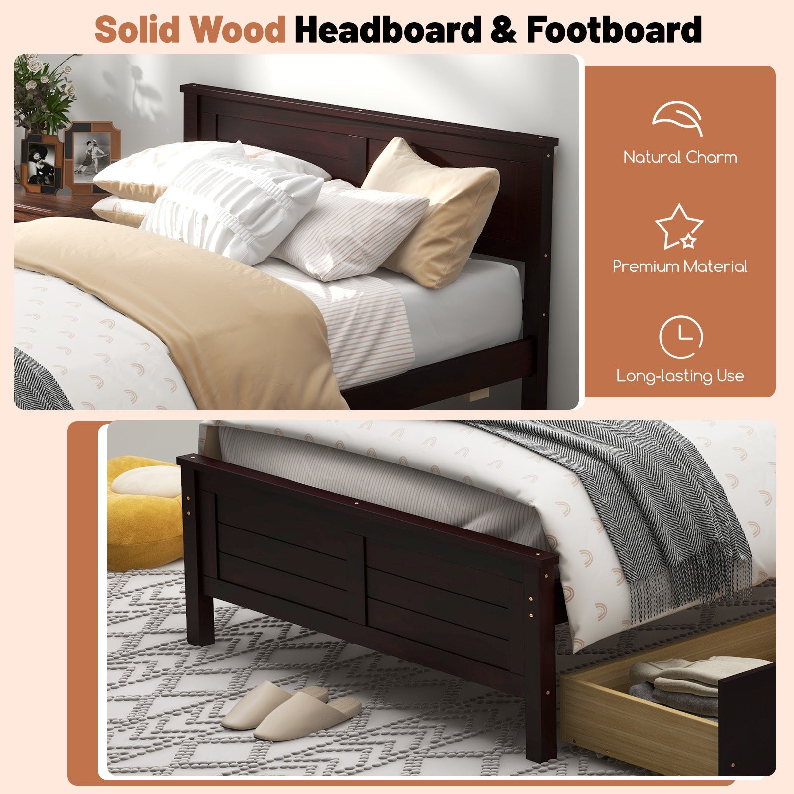 Twin Size Bed Frame with Storage Drawers-Espresso