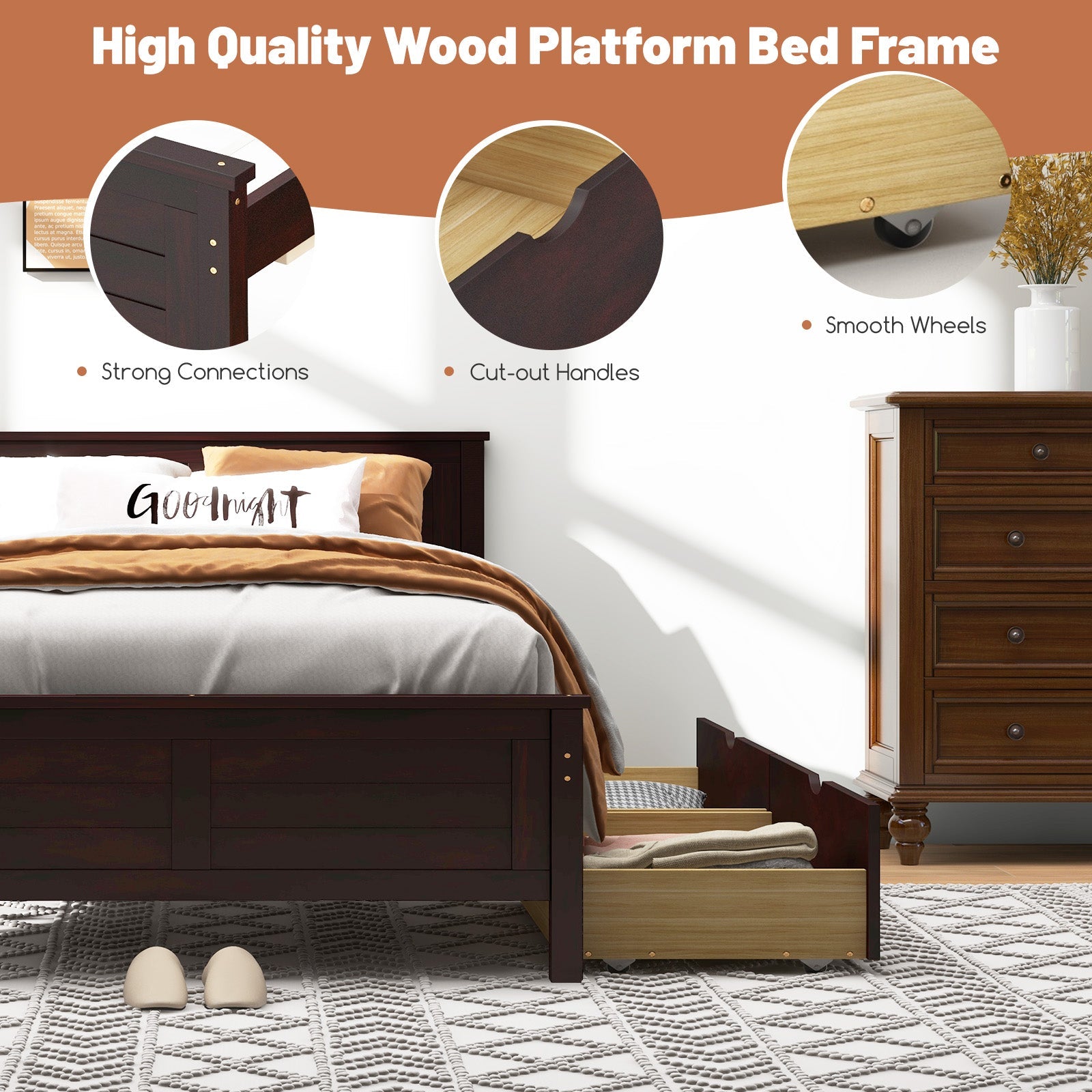 Twin Size Bed Frame with Storage Drawers-Espresso