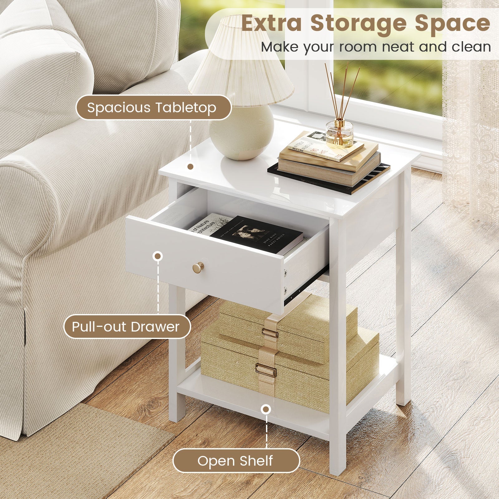 Wooden Storage Shelf with Drawer for Bedroom and Living Room-White