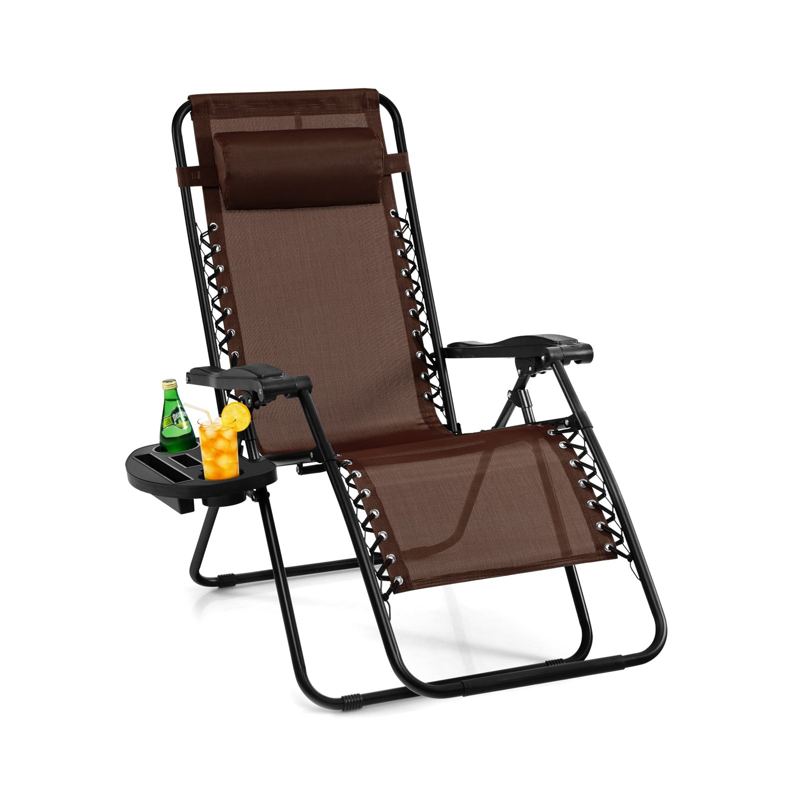 Outdoor Folding Zero Gravity Reclining Lounge Chair with Utility Tray-Brown
