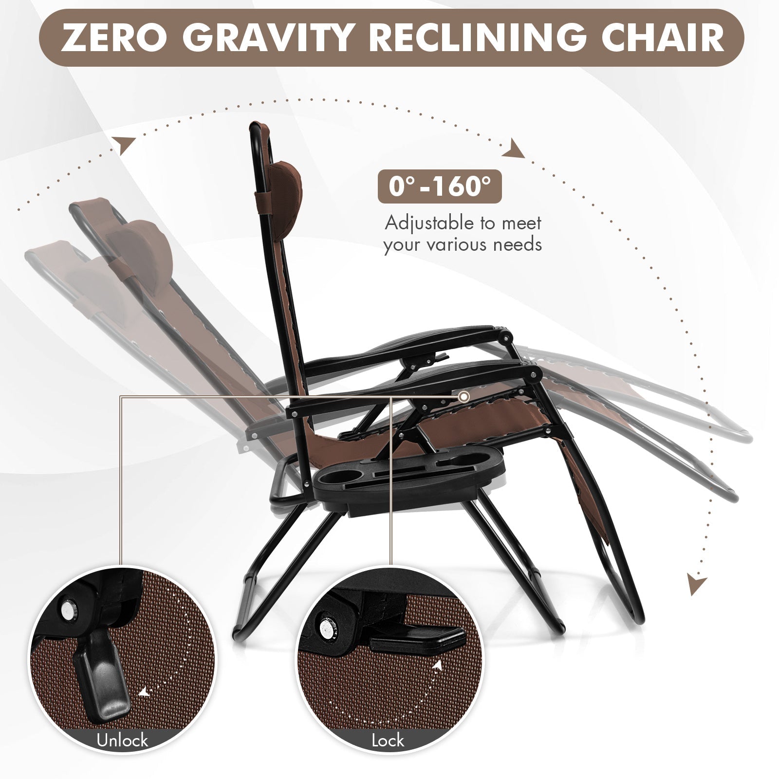 Outdoor Folding Zero Gravity Reclining Lounge Chair with Utility Tray-Brown