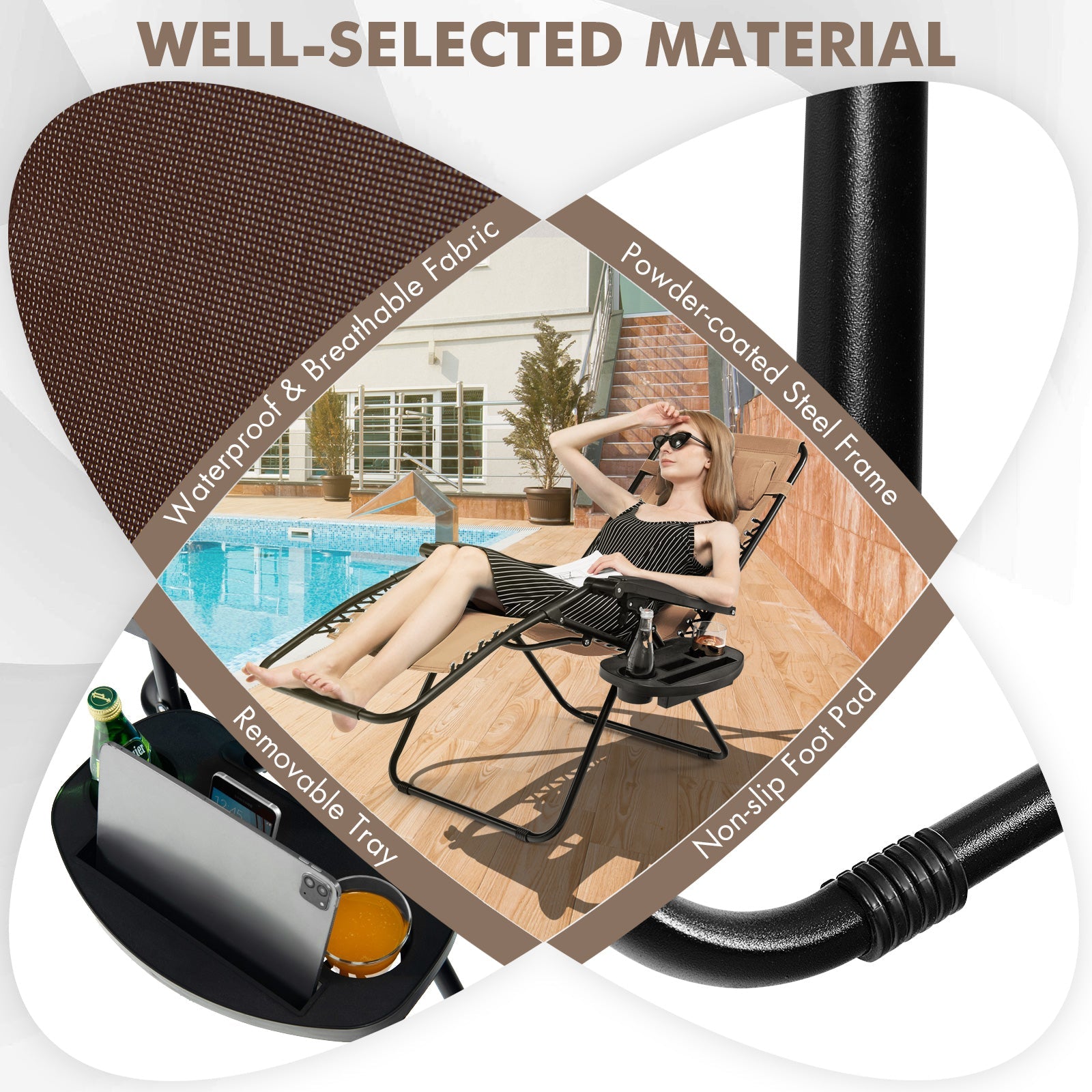 Outdoor Folding Zero Gravity Reclining Lounge Chair with Utility Tray-Brown