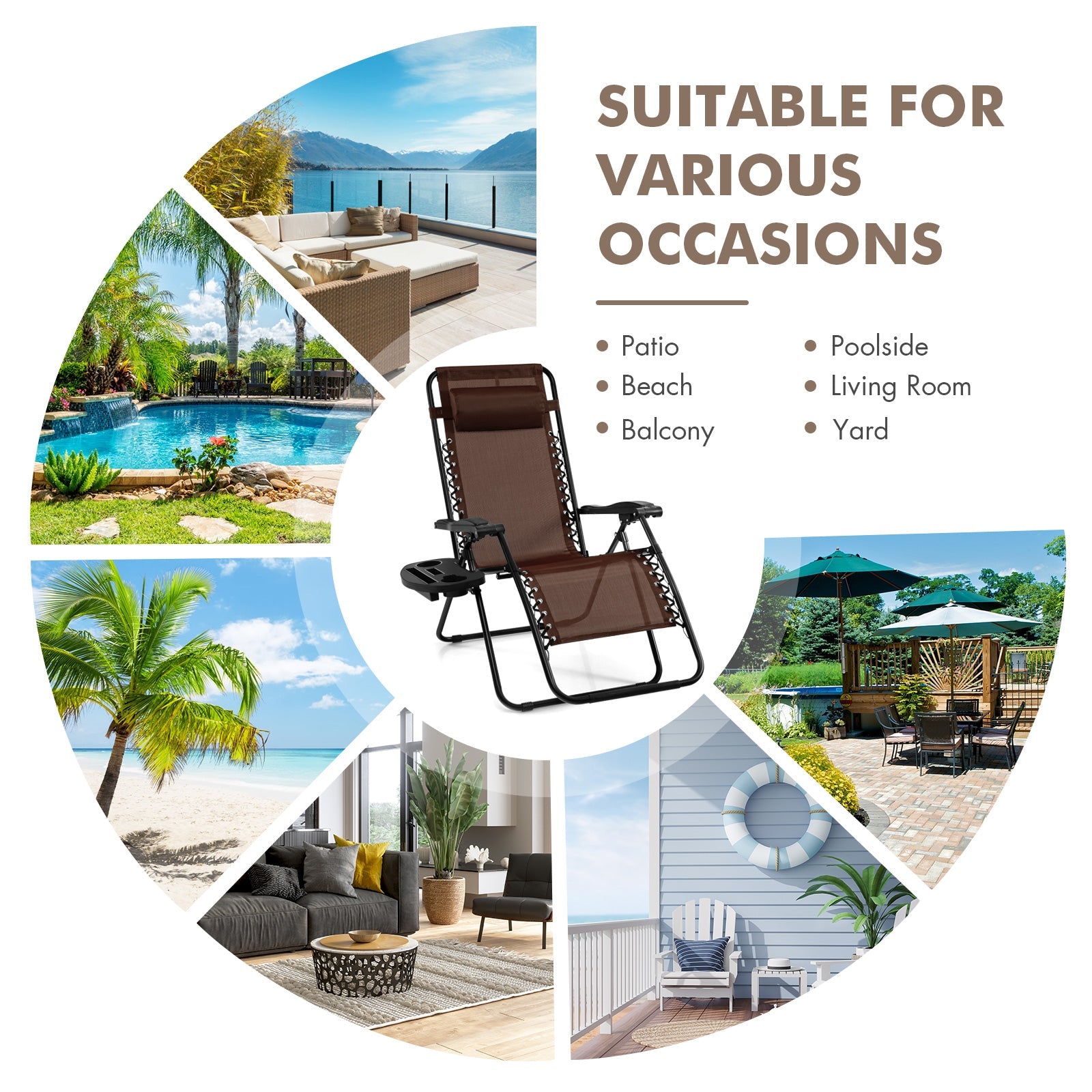 Outdoor Folding Zero Gravity Reclining Lounge Chair with Utility Tray-Brown