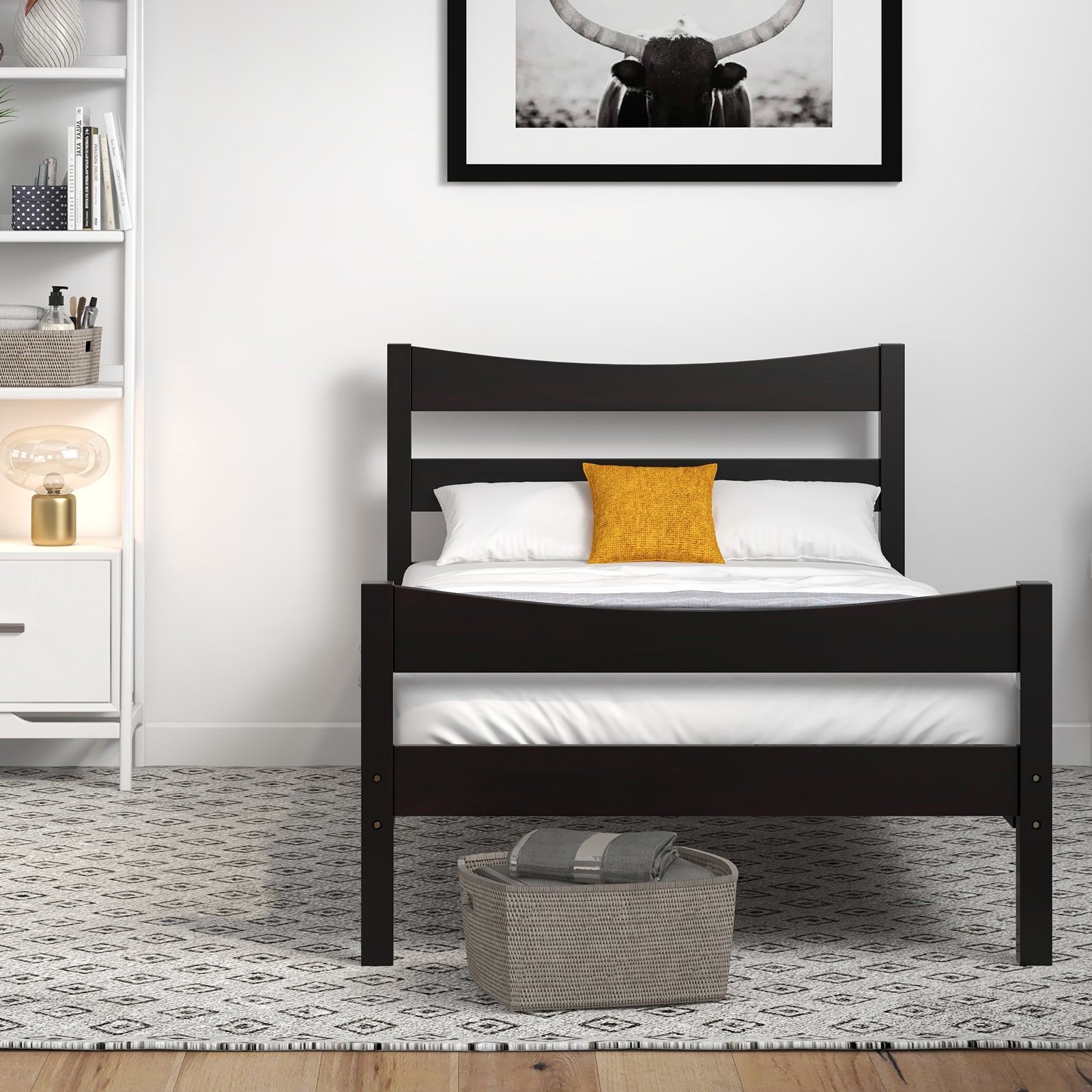 Twin Size Rustic Style Platform Bed Frame with Headboard and Footboard-Dark Brown